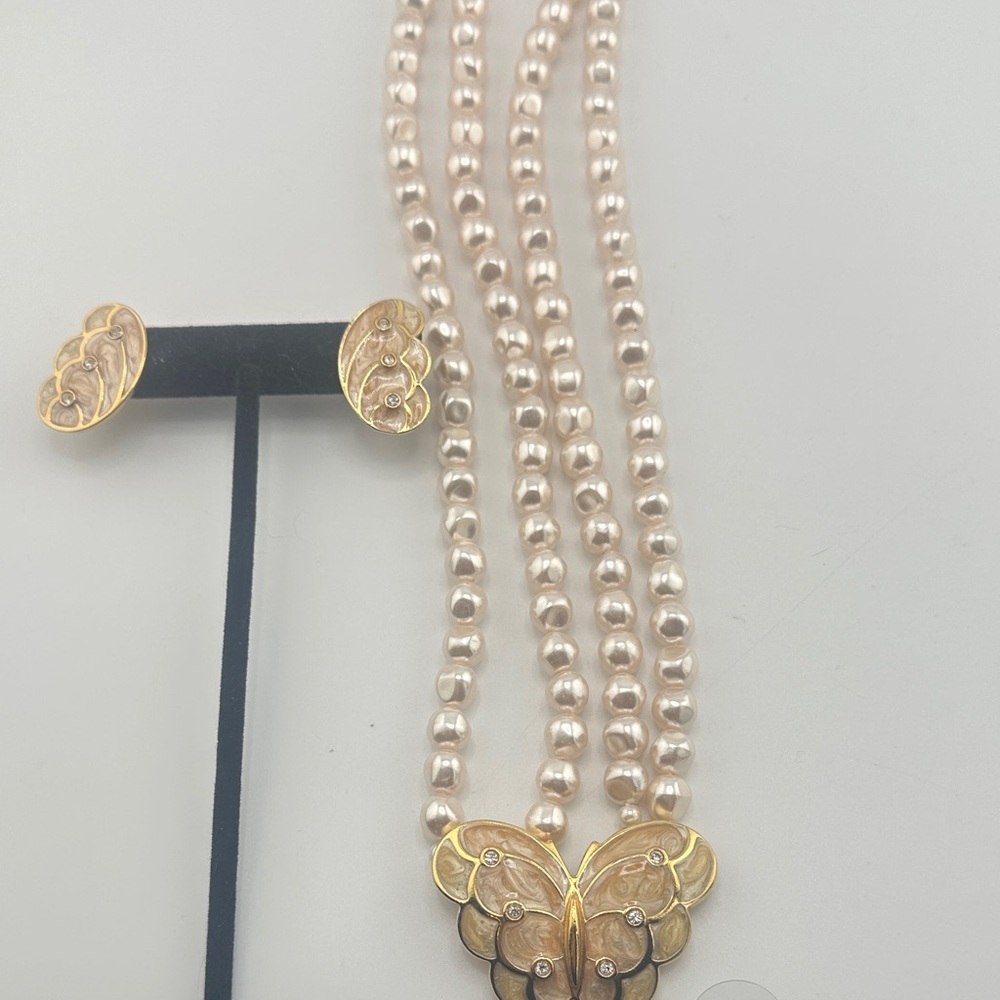 KJL For Avon Faux Double Pearl Butterfly Necklace with Earrings